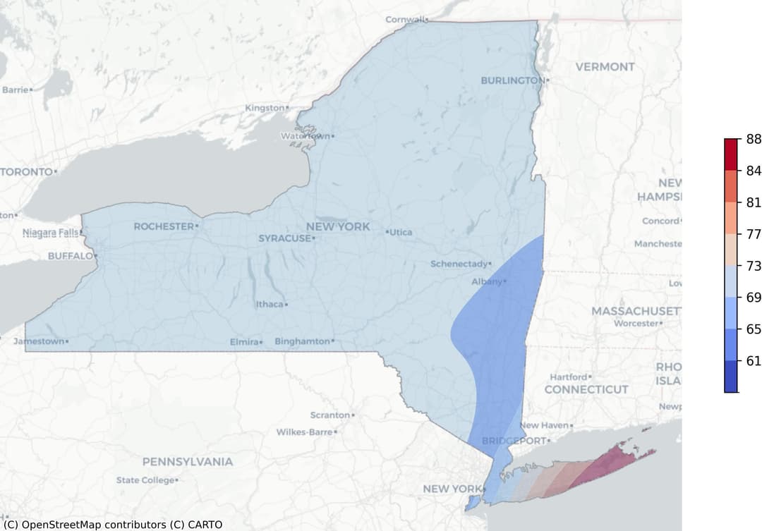 New York tropical cyclone risk heat map: Regions color-coded based on frequency of hurricanes and tropical storms, weighted by wind speed, derived from NOAA's historical cyclone track data